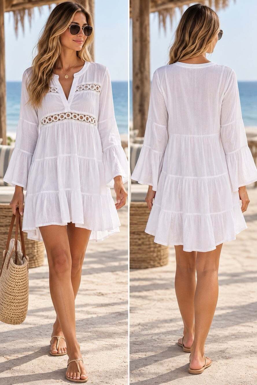 Lascana White Crochet Lace Tiered Swim Cover Up Dress 4/6 NWT